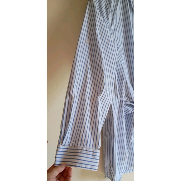Calvin Klein Blue White Striped Tunic Button Down Blouse Roll Tab Sz L Tie Front - Picture 4 of 10
